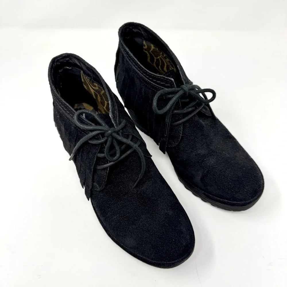 Fly London Yank Black Suede Fringe Wedge Ankle Boots Lace-Up Boho Booties